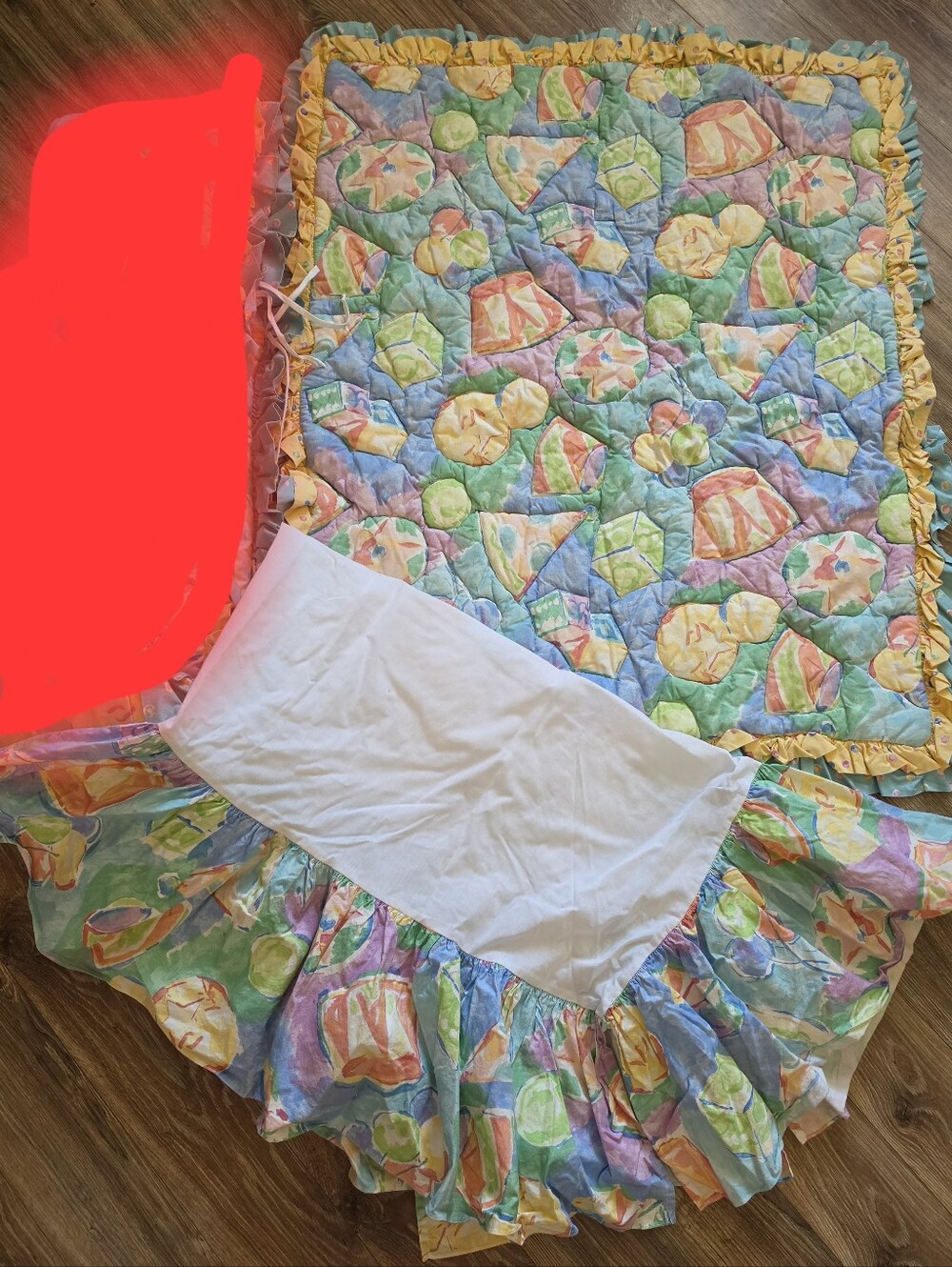Vintage 80s Luv Stuff Pastel Abstract 2pc Crib Bedding Set Quilt & Skirt